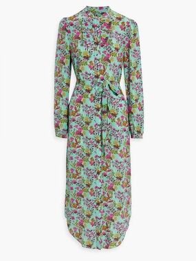 NWOT SALONI 100% Organic Silk Sasha Floral Teal Long Sleeve Midi Dress Size 6
